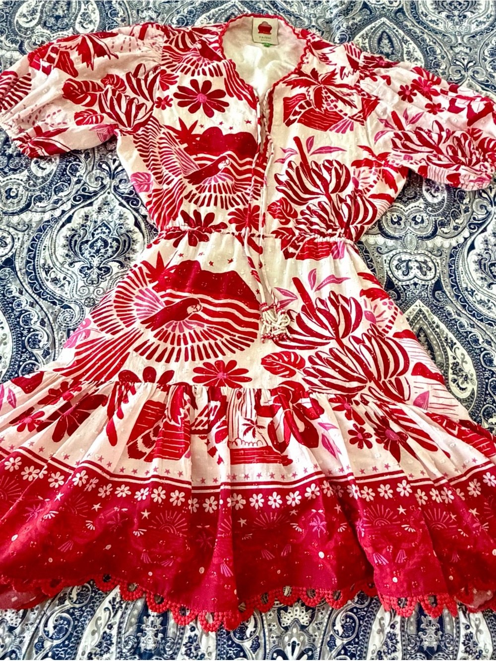 FARM Rio Red Pink Tropical Open Back Puff Sleeve Mini Dress M - Picture 5 of 12